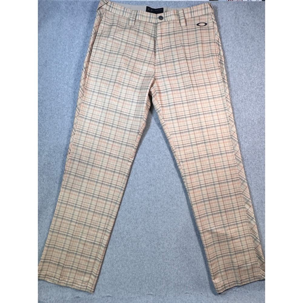 Oakley Mens Plaid Golf Pants Tan Orange Navy Blue Flat Front 36W 32L